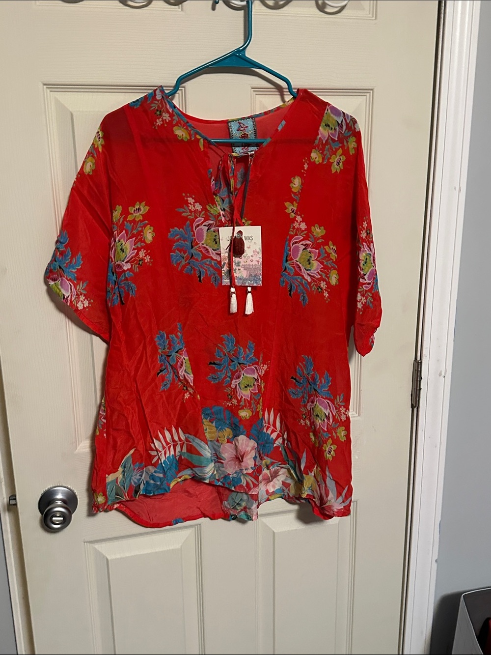 Johnny Was Red Floral Tassel Tie-Neck Tunic